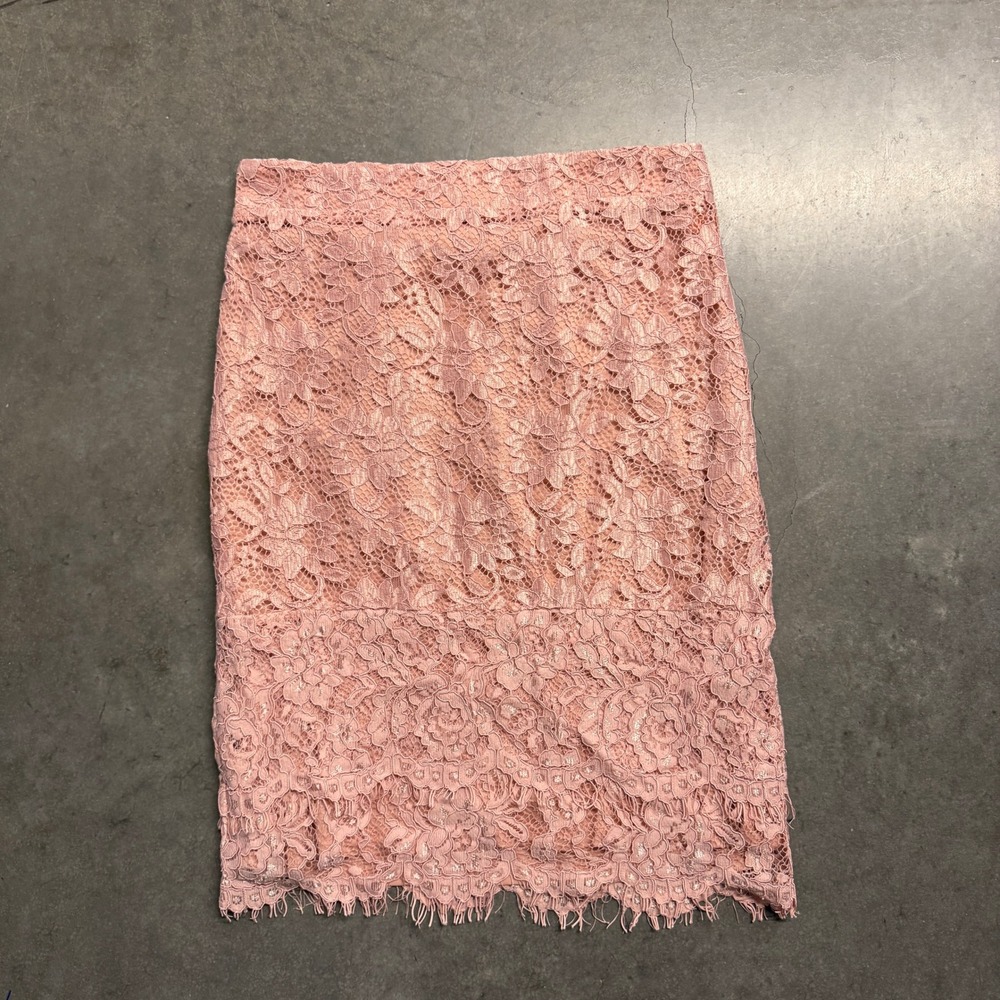 Mikaros Pink Floral Lace Pencil Skirt Scalloped Hem Midi Size M